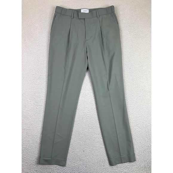 L'Estrange London Dress Pants Mens Medium Green Slim Wool Pleated Tapered Italy